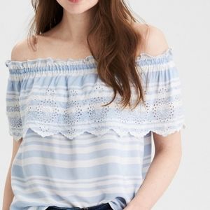 American Eagle Outfitters | Baby Blue & White Off Shoulder Eyelet Ruffle Top Med